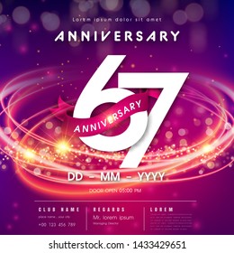 67 years anniversary logo template on purple Abstract futuristic space background. 67th modern technology design celebrating numbers with Hi-tech network digital technology concept design elements.