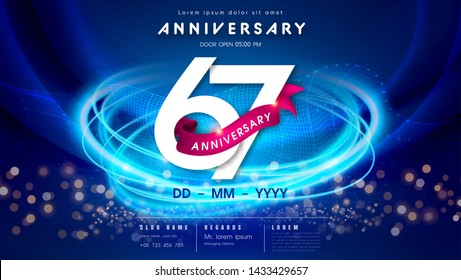 67 years anniversary logo template on dark blue Abstract futuristic space background. 67th modern technology design celebrating numbers with Hi-tech network digital technology concept design elements.