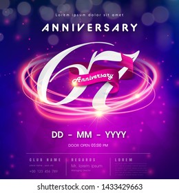 67 years anniversary logo template on purple Abstract futuristic space background. 67th modern technology design celebrating numbers with Hi-tech network digital technology concept design elements.