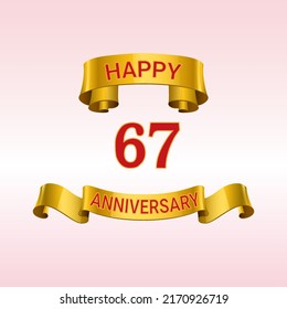 67 years anniversary logo template. Red numbers with golden ribbon.