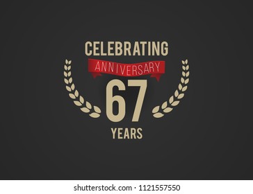 67 Years Anniversary logotype with golden colored font number, with ribbon and laurel, isolated on black background for company celebration event, birthday