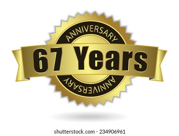 "67 Years Anniversary" - Retro Golden Ribbon, EPS 10 vector illustration