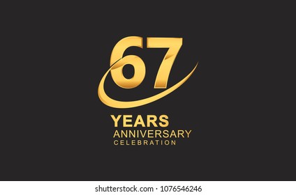 67 years anniversary with swoosh design golden color isolated on black background for celebration