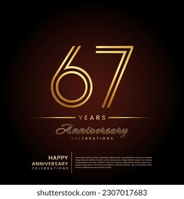 67 años de aniversario, diseño de plantilla de aniversario con número de línea doble y texto dorado para celebración de cumpleaños, invitación, afiche de banner, volante y tarjeta de saludo, plantilla vectorial