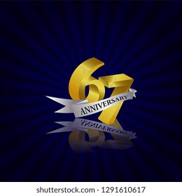 67 years anniversary Vector Template Design with golden color and silver ribbon isolated on blue sunburst background illustration for celebration event - Vector
