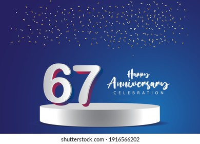 67 Years Anniversary Vector Template Design Illustration. Blue 3d Numbers with podium stage for celebration
