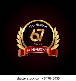 67 years gold anniversary celebration logo with red ribbon , isolated on dark background