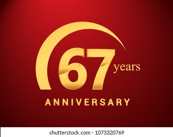 67 years golden anniversary logo with golden ring isolated on red background, can be use for birthday and anniversary celebration.