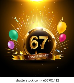67 years golden anniversary logo celebration with ring, ribbon, firework, and balloon