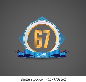 67 years logotype anniversary design with white ring, blue ornament and ribbon for use celebration event of your company, party, wedding and precious moment