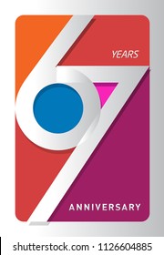 67 years old celebrating modern logo. Colored happy anniversary template numbers. vector design for celebration, invitation card, and greeting card