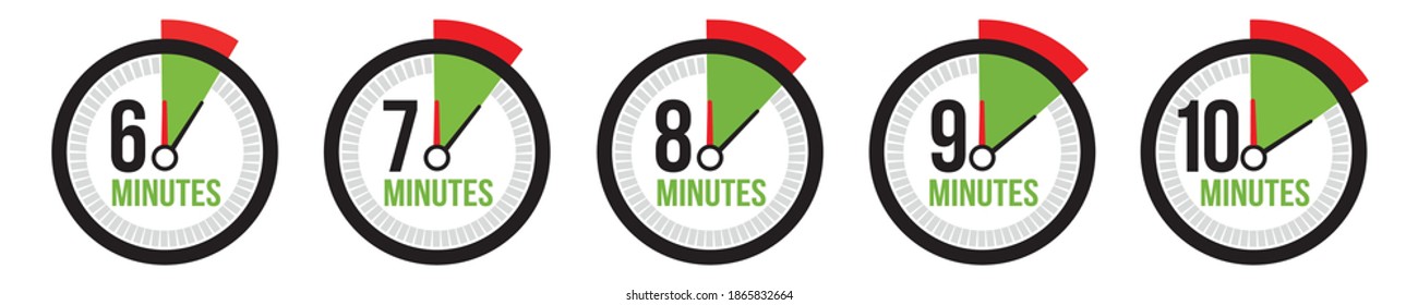 6,7,8,9,10 minutes timer, stopwatch or countdown icon. Time measure. 
