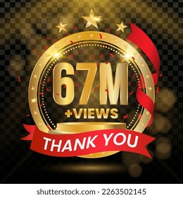67M+ Views Logotype with Gold and red Confetti Isolated on Black Background(PNG), Vector design for video display celebration.