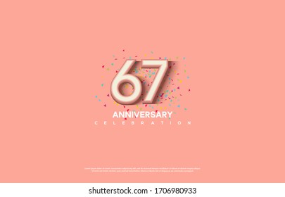 67th anniversary background with illustrations of white numbers and pink color on the edges of numbers.