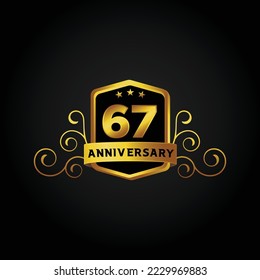 67th anniversary celebration background. Vector illustration, Beautiful greeting banner poster and golden logo with gold text word and gold number.