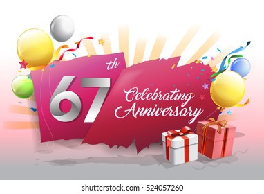 67th anniversary celebration with colorful confetti and balloon on red background with shiny elements. design template for your birthday party.