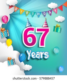 67th Anniversary Celebration Design, with clouds and balloons. using Paper Art Design Style, Vector template elements for your, sixty seven years birthday celebration party.