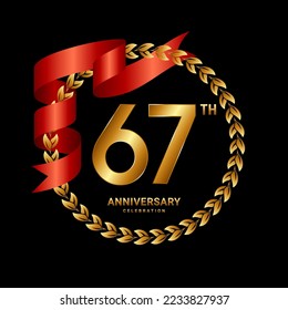 67th Anniversary Celebration. Anniversary Logo Design with Laurel Wreath and Red Ribbon for Celebration Event, Wedding, Invitation, Greeting Card. Logo Vector Illustration