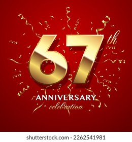 67th Anniversary Celebration. logo design with golden numbers and text for birthday celebration event, invitation, wedding, greeting card, banner, poster, flyer, brochure. Logo Vector Template