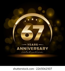 67th Anniversary Celebration. Logo design with golden ring and text for anniversary celebration event, invitation, wedding, greeting card, banner, poster, flyer, brochure. Logo Vector Template