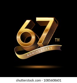 67th Anniversary celebration logotype colored with shiny gold, using ribbon and isolated on black background