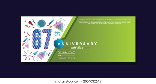 67th anniversary, anniversary celebration vector design on colorful geometric background and circle shape.