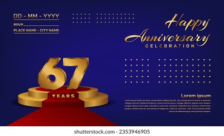67th anniversary celebration vector template with 3D numbers style and golden stage, Vector template