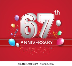 67th anniversary design red background with balloons and confetti for company celebration event 