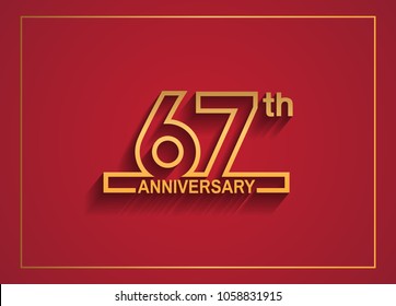 67th anniversary design with simple line style golden color isolated on red background for celebration event