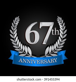 67th anniversary logo with blue ribbon and laurel wreath, vector template for birthday celebration.