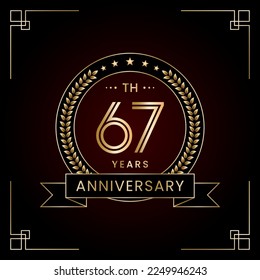 Diseño del logo del 67º Aniversario con Laurel corona para la celebración del cumpleaños. Diseño de arte de línea, plantilla de vectores de logotipos