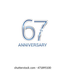 67th anniversary logo design uses three lines which form the numbers.  years anniversary signs . Silver and blue color anniversary