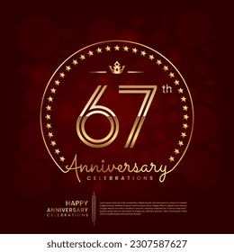 67th anniversary logo with double line number and golden text for birthday celebration event, invitation, banner poster, flyer, and greeting card, vector template