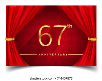 67th Anniversary Logo with Glowing Golden Colors Isolated on Realistic Red Curtain, Vector Design for Greeting Card, Poster and Invitation Card