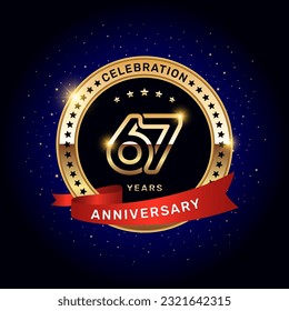 67th anniversary logo with gold numbers and red ribbon, vector template