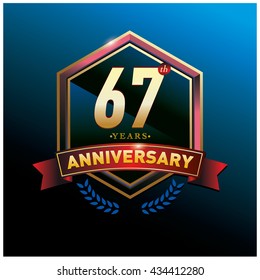 67th anniversary logo with gold ring and red ribbon. Anniversary signs illustration. Gold anniversary logo design and illustration