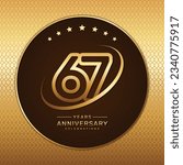 67th anniversary logo with a golden number and ring isolated on a golden pattern background, logo vector illustration