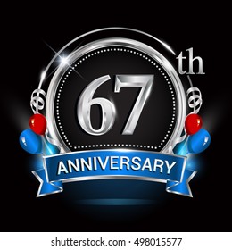 67th anniversary logo with silver ring,balloons and blue ribbon. Vector design template elements for your birthday celebration.