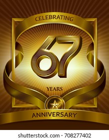 67th anniversary logo. Vector and illustration with ribbon shiny gold
