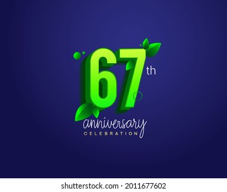 67th anniversary logotype with leaf and green colored, isolated on blue background.