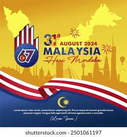 67th Anniversary of Malaysia "Hari Merdeka" Means Independence Day August 2024 greeting, banner, background,poster, template. Design with 67 logo, map and landmarks. Malaysia vector illustration