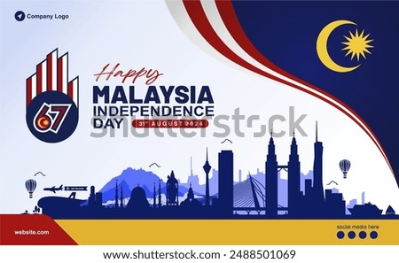 67th Anniversary of Malaysia Independence Day 2024 Vector Illustration. Design with 67 logo, Famous Landmarks and Social Media Spot. Malaysia Hari Merdeka 