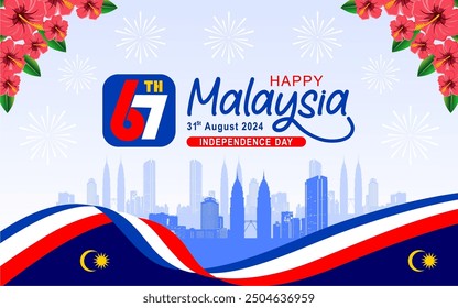 67th Anniversary of Malaysia Merdeka Day with Famous Tourism Objects and Flag Illustration. 67th Malaysia Independence Day 31st August 2024 Banner. Best for Malaysia National Day Celebration