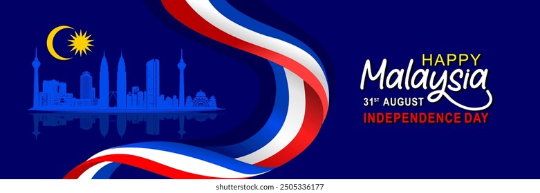 67th Anniversary of Malaysia Merdeka Day with Famous Tourism Objects and ribbon Illustration. 67th Malaysia Independence Day 31st August 2024 Banner. Best for Malaysia National Day Celebration