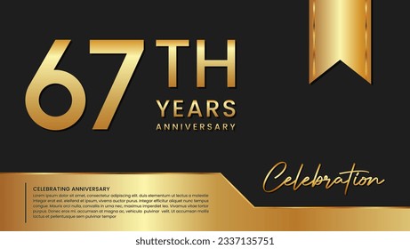 Diseño de plantilla de 67 años en color oro aislado en fondo negro y dorado, plantilla vectorial