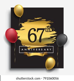 67th anniversary template design on golden brush background and balloon, vector design for greeting card and invitation card, Birthday celebration