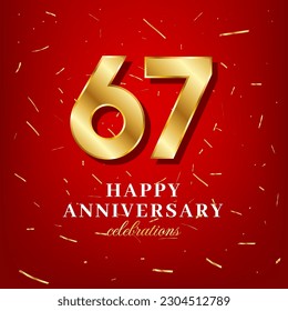 67th anniversary vector template with a golden number and golden confetti spread on a red background