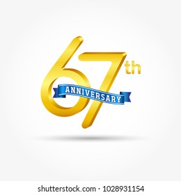 67th golden Anniversary logo with blue ribbon isolated on white background. 3d gold 67th Anniversary logo