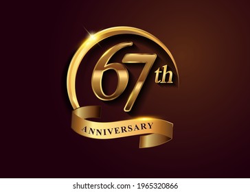 67th golden anniversary logo with gold ring and golden ribbon, vector design for birthday celebration, invitation card.