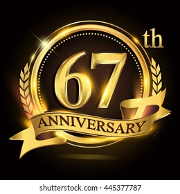 67th golden anniversary logo with ring and ribbon, laurel wreath vector design.